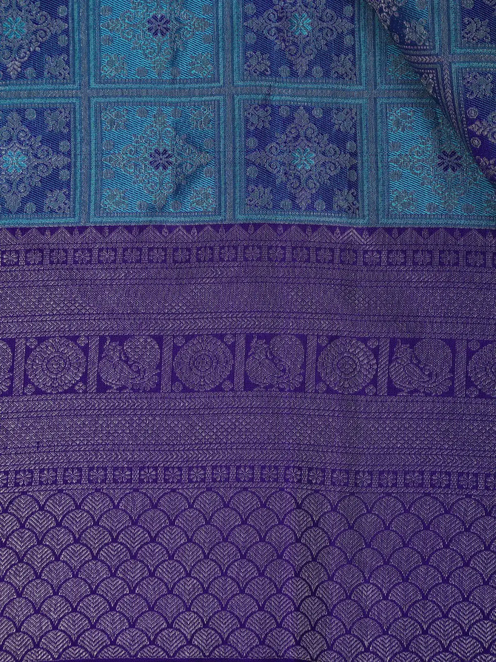 Blue Floral Woven Pure Kanchipuram Silk Saree - Diadem