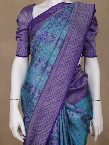 Blue Floral Woven Pure Kanchipuram Silk Saree - Diadem