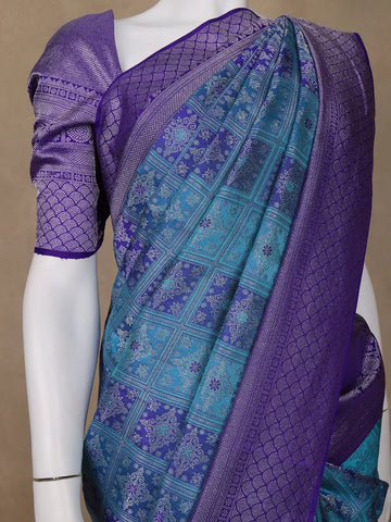 Blue Floral Woven Pure Kanchipuram Silk Saree - Diadem