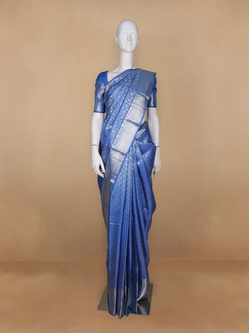 Blue Floral Woven Pure Kanchipuram Silk Saree - Diadem