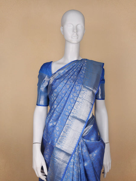 Blue Floral Woven Pure Kanchipuram Silk Saree - Diadem