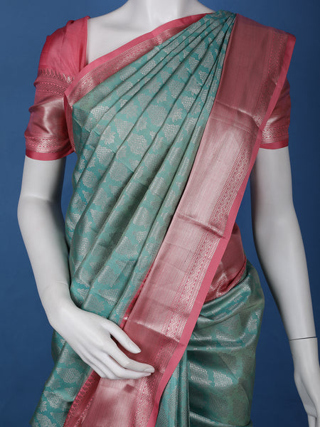 Blue Floral Woven Pure Kanchipuram Silk Saree - Diadem