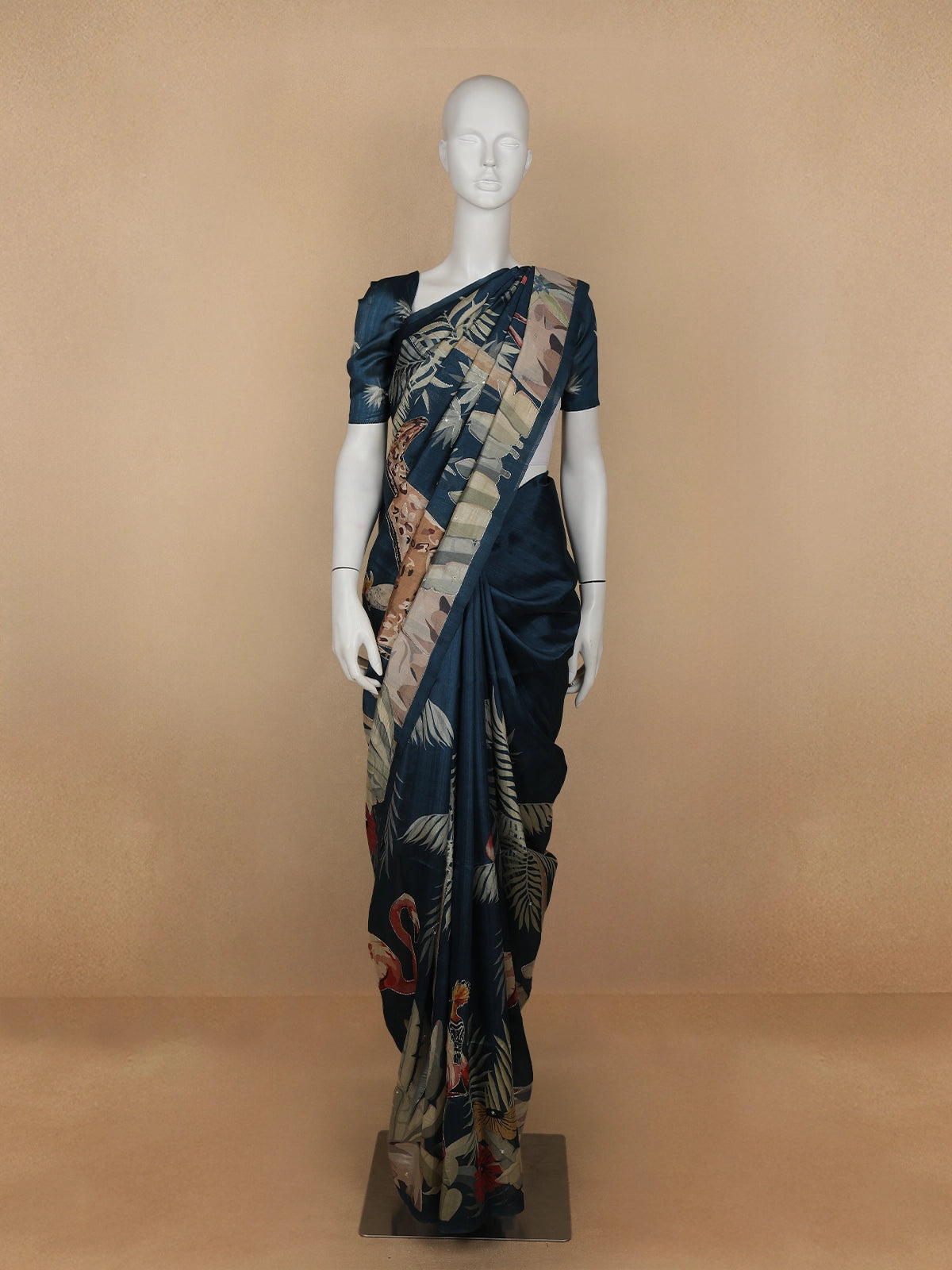 Blue Floral and Bird Designed Semi Tussar Saree - Diadem