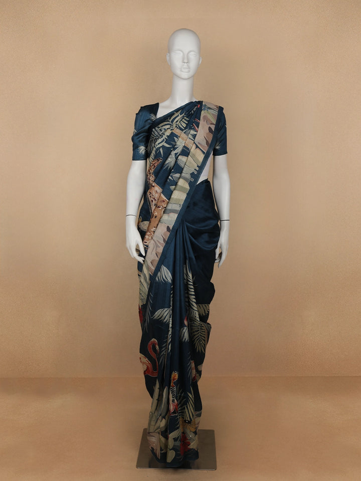 Blue Floral and Bird Designed Semi Tussar Saree - Diadem