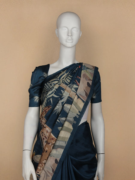 Blue Floral and Bird Designed Semi Tussar Saree - Diadem
