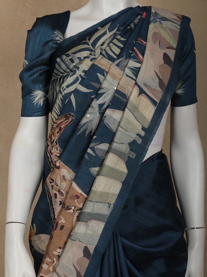Blue Floral and Bird Designed Semi Tussar Saree - Diadem