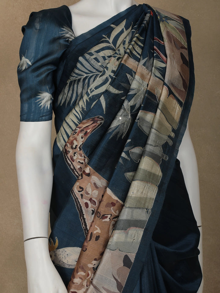 Blue Floral and Bird Designed Semi Tussar Saree - Diadem
