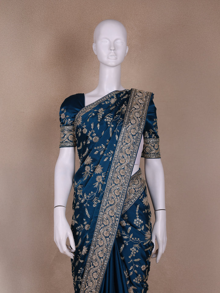 Blue Floral Designed Chiffon Saree - Diadem