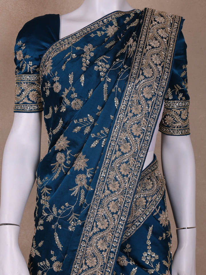 Blue Floral Designed Chiffon Saree - Diadem