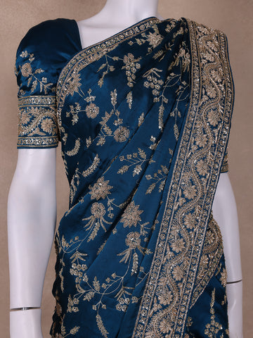 Blue Floral Designed Chiffon Saree - Diadem