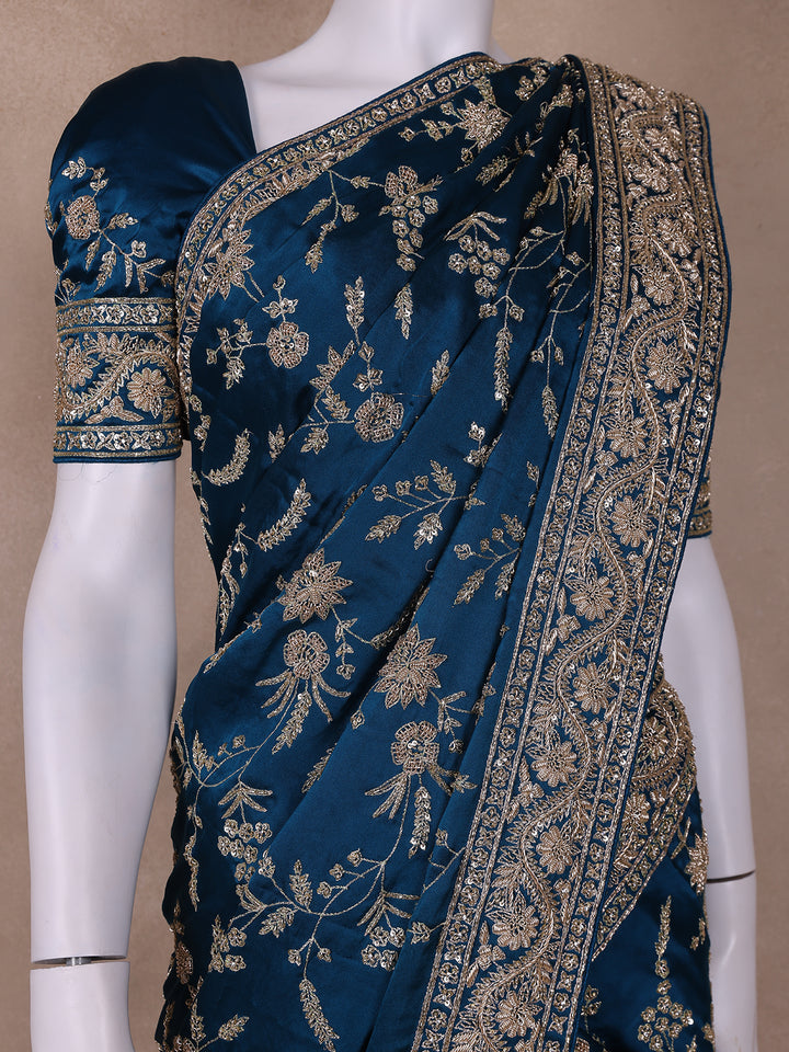 Blue Floral Designed Chiffon Saree - Diadem