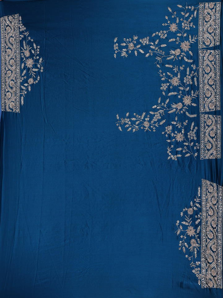 Blue Floral Designed Chiffon Saree - Diadem