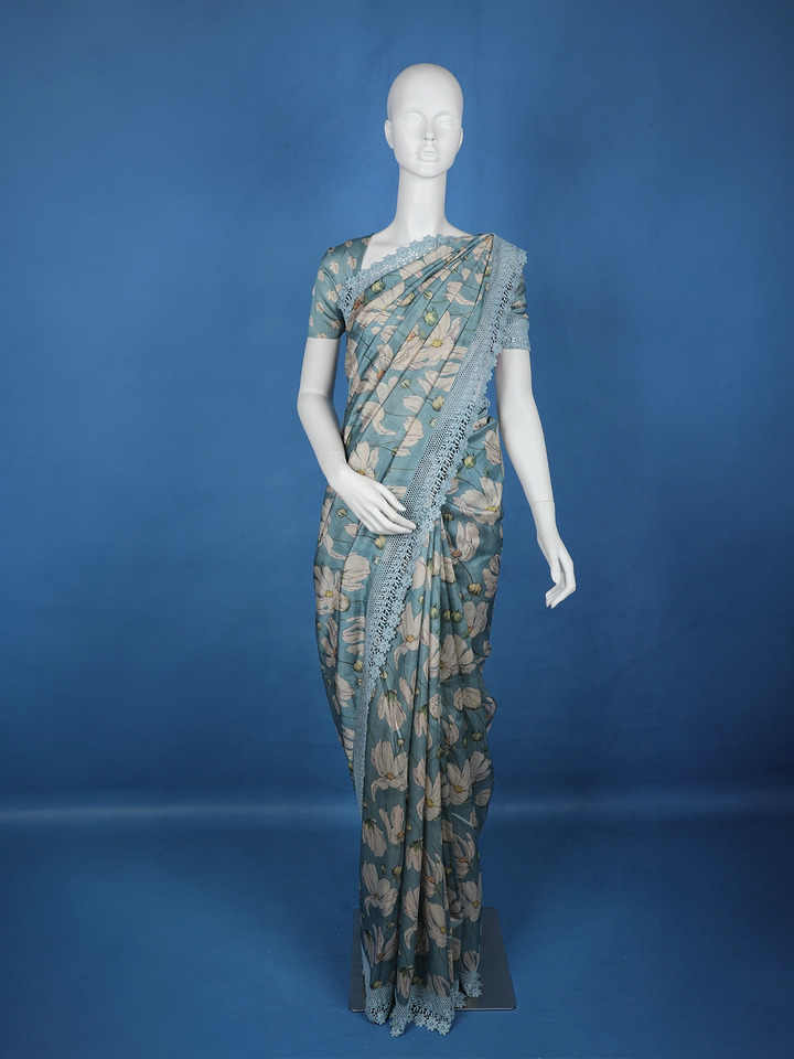 Blue Floral Designed Semi Tussar Saree - Diadem