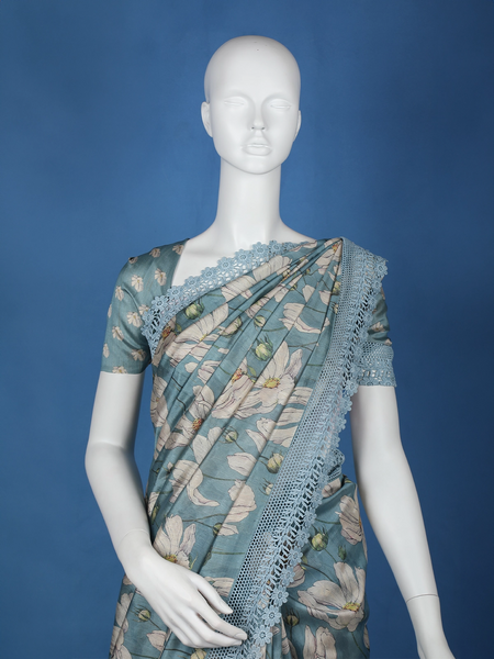 Blue Floral Designed Semi Tussar Saree - Diadem