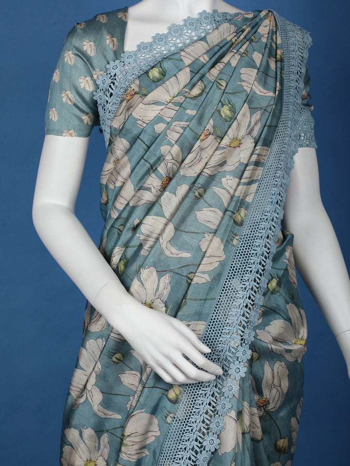 Blue Floral Designed Semi Tussar Saree - Diadem