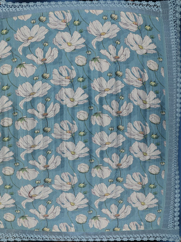 Blue Floral Designed Semi Tussar Saree - Diadem