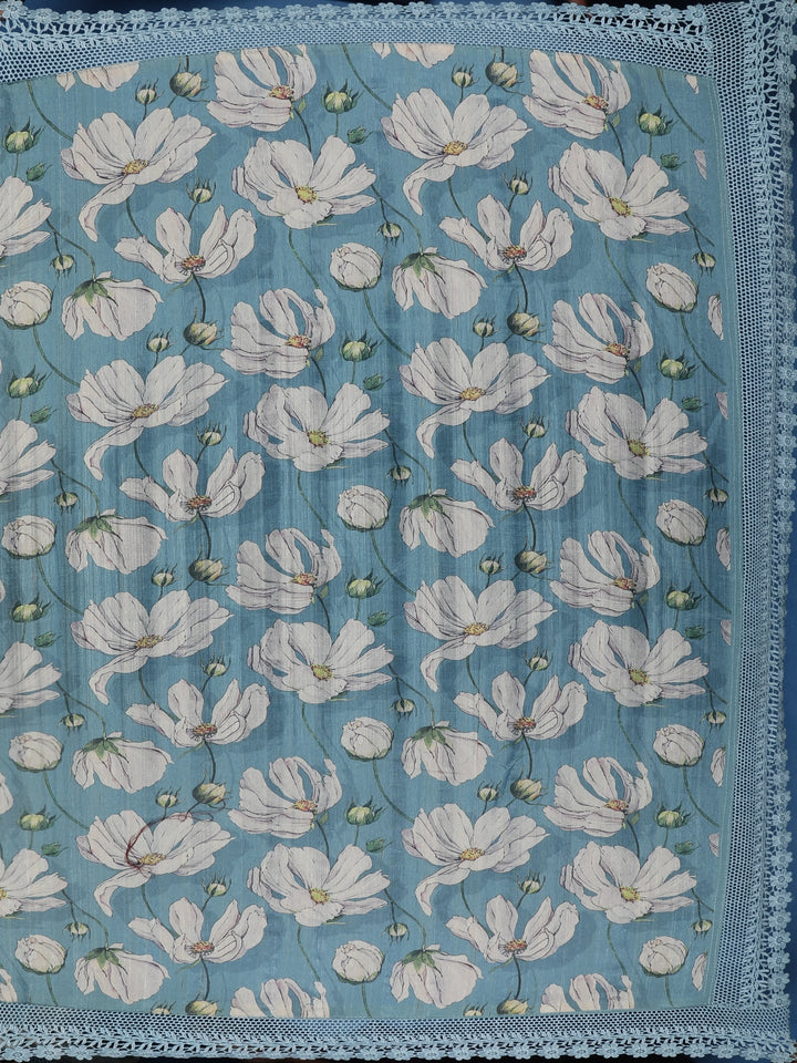Blue Floral Designed Semi Tussar Saree - Diadem