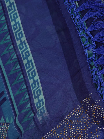 Blue Geometric Motif Print with Beaded Synthetic Saree - Diadem