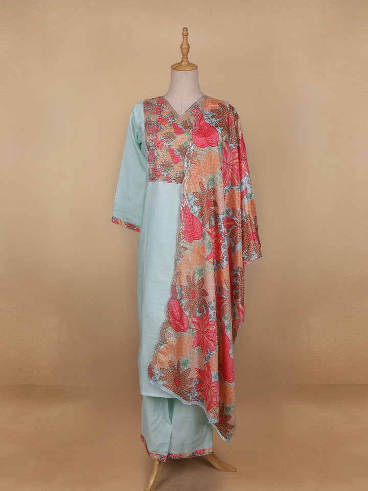 Blue Grey Floral Cotton Straight Cut Salwar Suit - Diadem