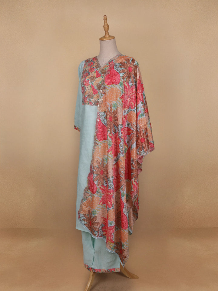 Blue Grey Floral Cotton Straight Cut Salwar Suit - Diadem