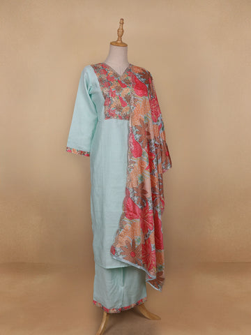 Blue Grey Floral Cotton Straight Cut Salwar Suit - Diadem
