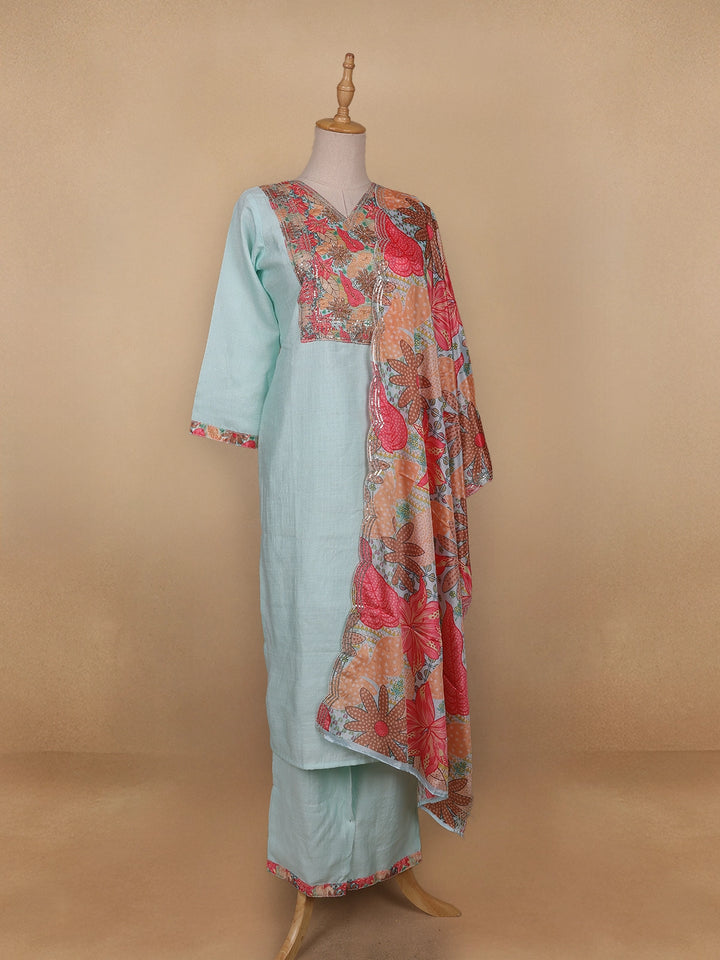 Blue Grey Floral Cotton Straight Cut Salwar Suit - Diadem