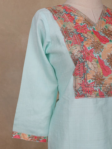Blue Grey Floral Cotton Straight Cut Salwar Suit - Diadem