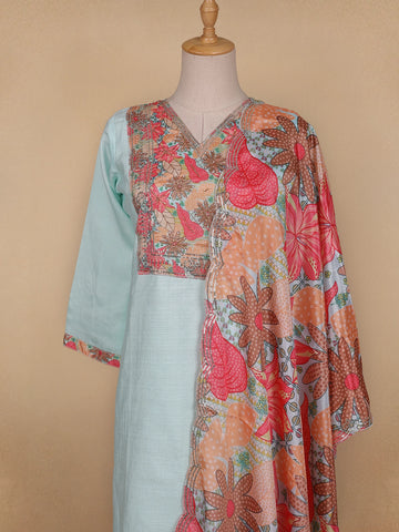 Blue Grey Floral Cotton Straight Cut Salwar Suit - Diadem