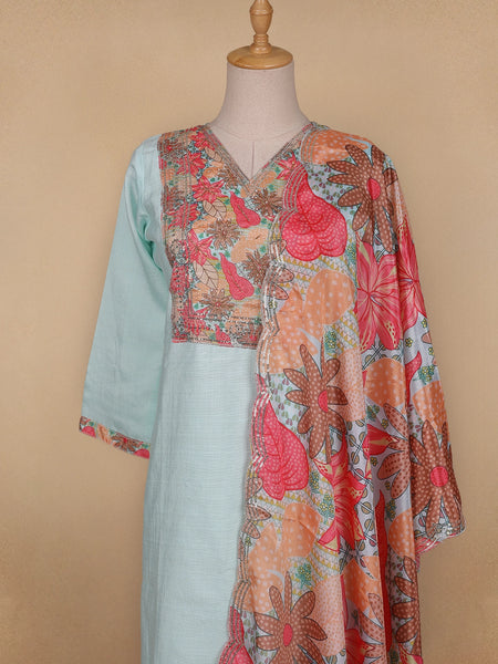 Blue Grey Floral Cotton Straight Cut Salwar Suit - Diadem