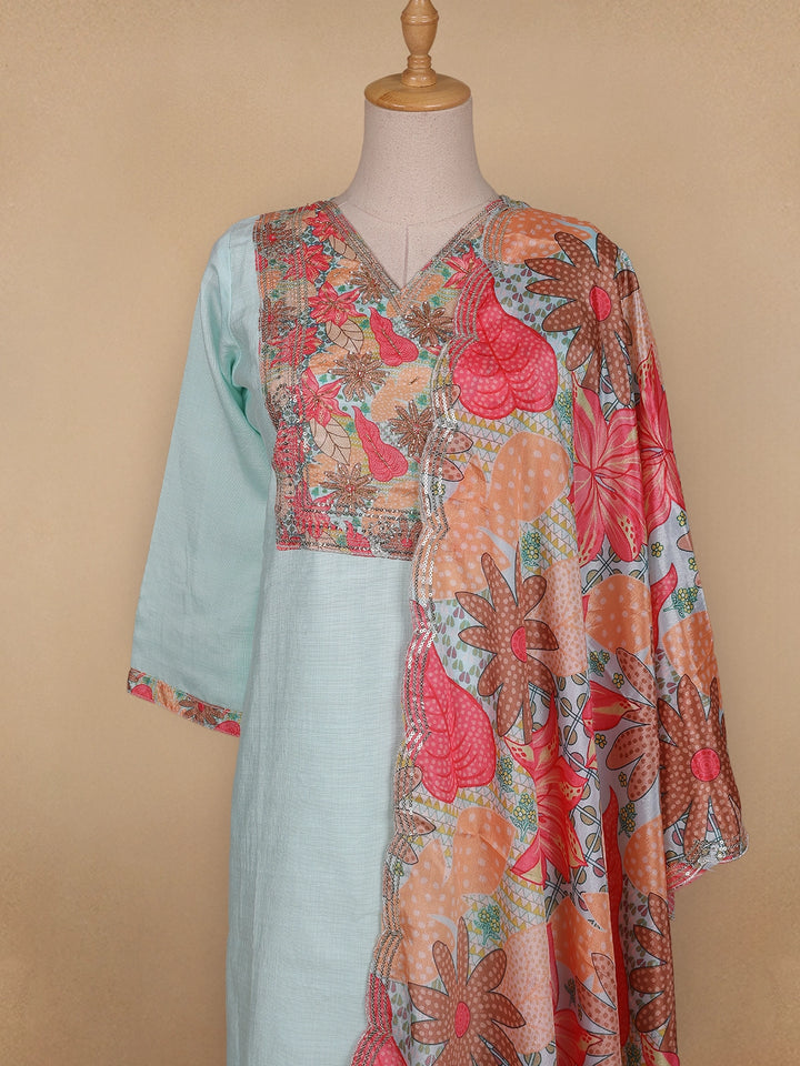 Blue Grey Floral Cotton Straight Cut Salwar Suit - Diadem