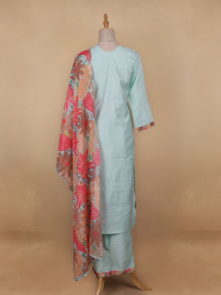Blue Grey Floral Cotton Straight Cut Salwar Suit - Diadem
