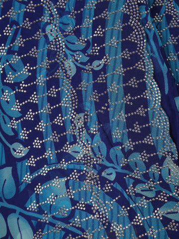 Blue Leaf Print Design with Beaded Synthetic Saree - Diadem