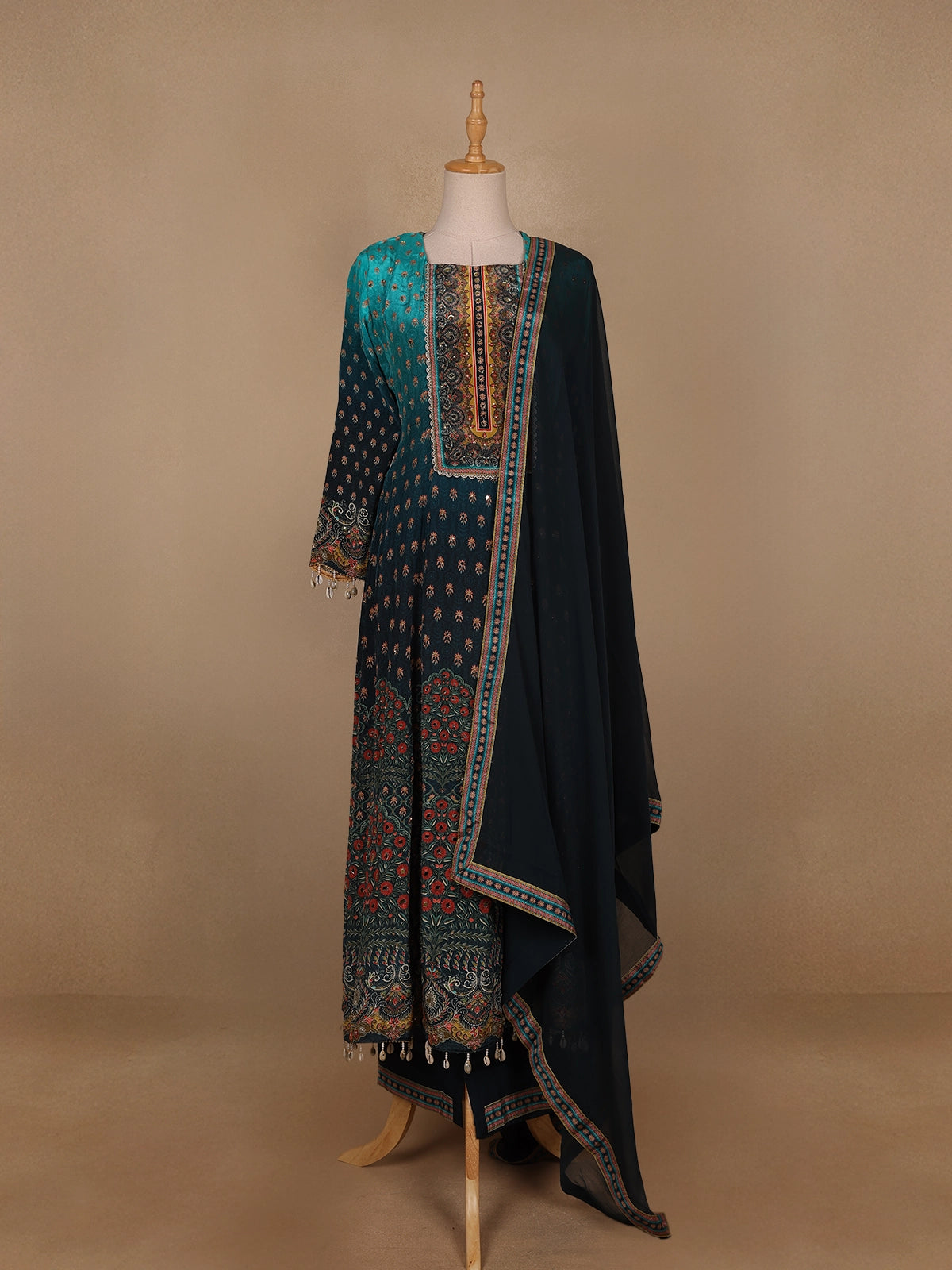 Blue Ombre and Floral Designed Semi Silk Salwar Suit - Diadem