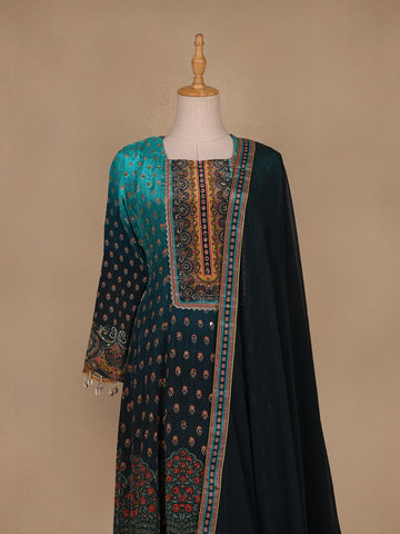 Blue Ombre and Floral Designed Semi Silk Salwar Suit - Diadem