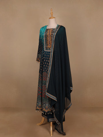 Blue Ombre and Floral Designed Semi Silk Salwar Suit - Diadem