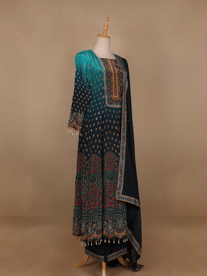 Blue Ombre and Floral Designed Semi Silk Salwar Suit - Diadem