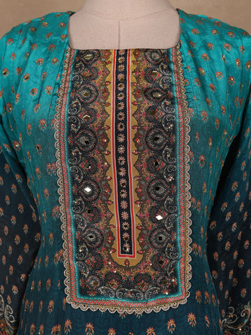 Blue Ombre and Floral Designed Semi Silk Salwar Suit - Diadem