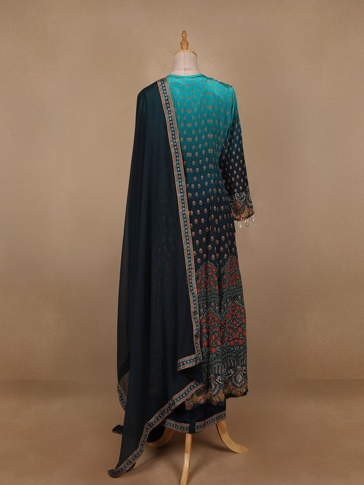 Blue Ombre and Floral Designed Semi Silk Salwar Suit - Diadem