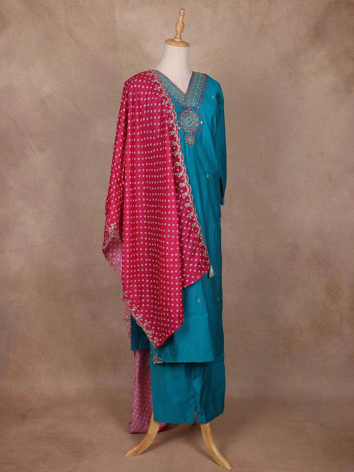 Blue Raw Silk Salwar Suit with Mirror Embroidery - Diadem