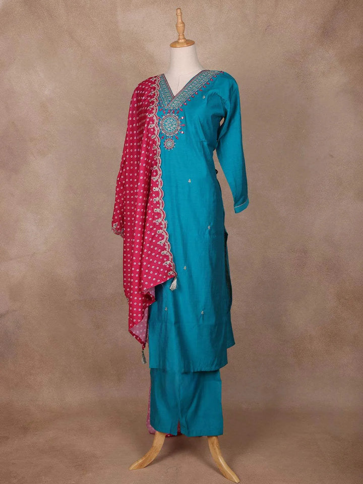Blue Raw Silk Salwar Suit with Mirror Embroidery - Diadem