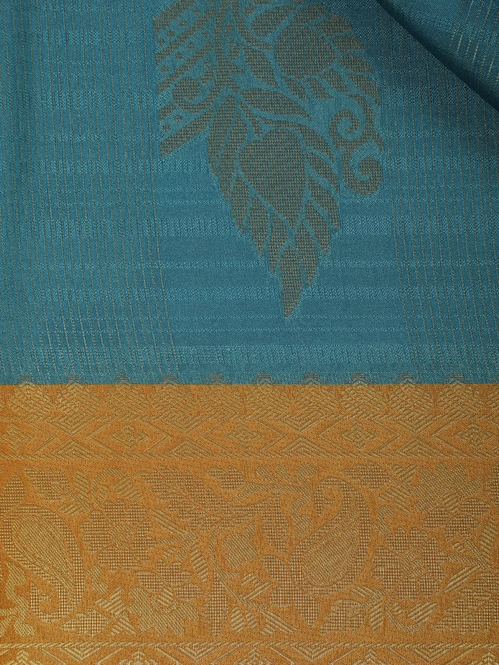 Blue Semi Silk Stripes And Floral Designed Saree - Diadem