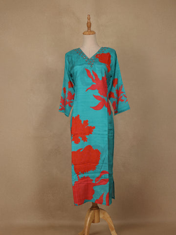 Blue Sequins Design Printed Cotton Kurti - Diadem