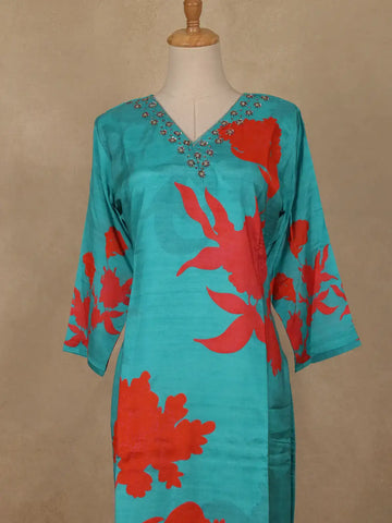 Blue Sequins Design Printed Cotton Kurti - Diadem