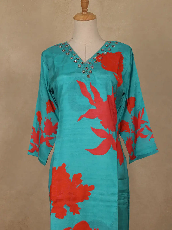 Blue Sequins Design Printed Cotton Kurti - Diadem