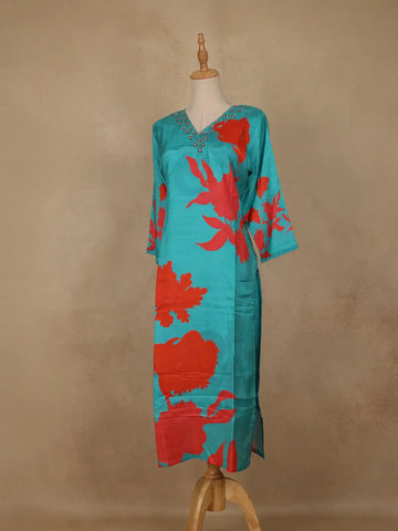Blue Sequins Design Printed Cotton Kurti - Diadem