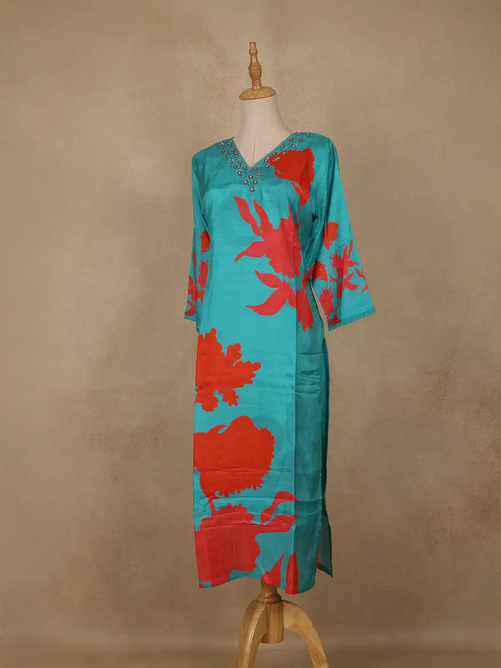 Blue Sequins Design Printed Cotton Kurti - Diadem
