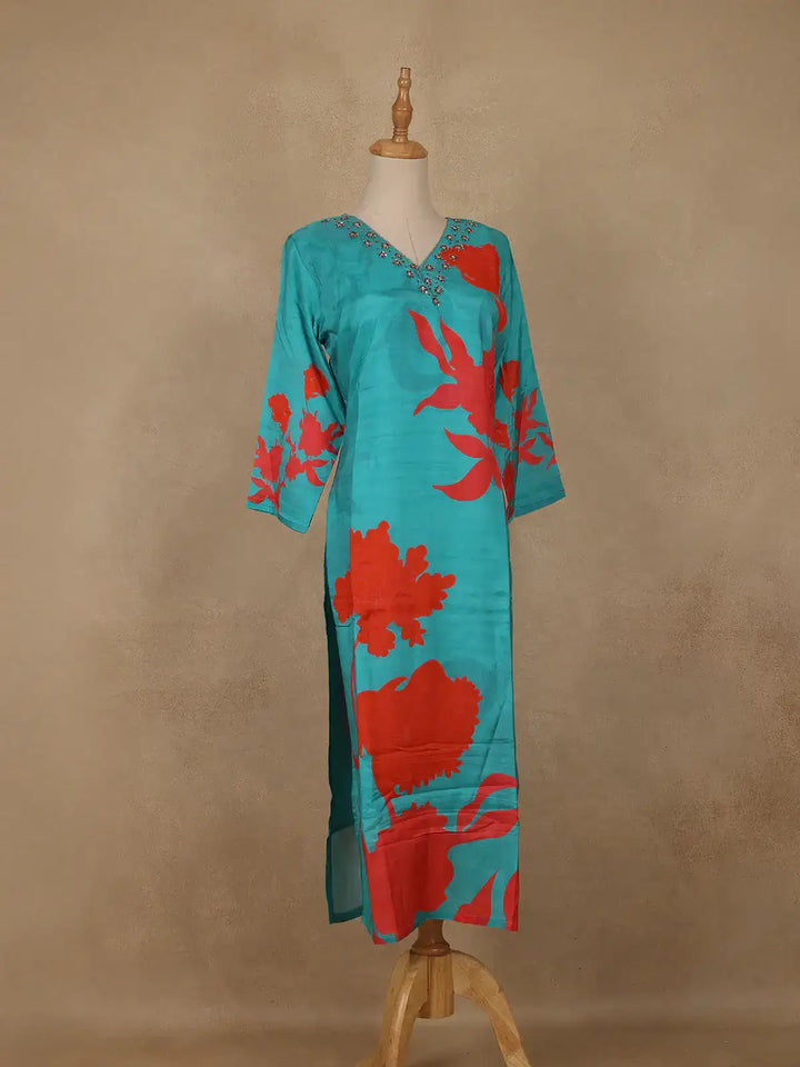 Blue Sequins Design Printed Cotton Kurti - Diadem