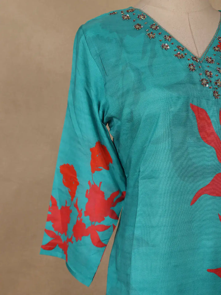 Blue Sequins Design Printed Cotton Kurti - Diadem