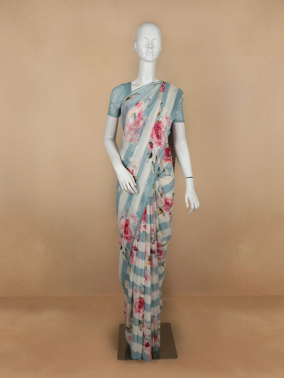 Blue and White Striped and Floral Printed Chiffon Saree - Diadem