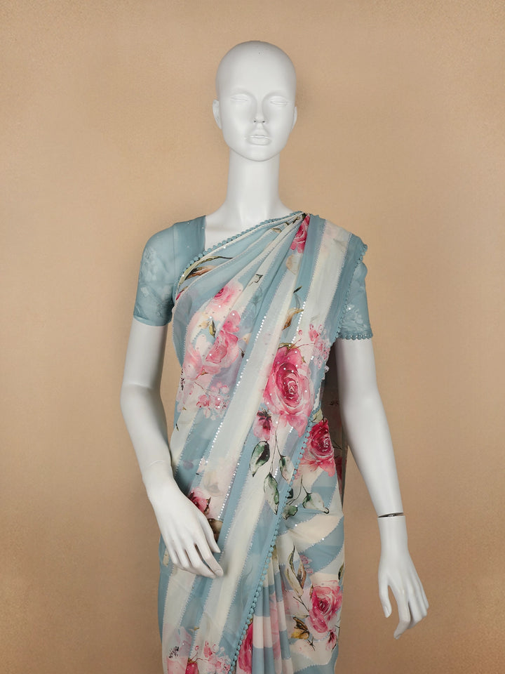 Blue and White Striped and Floral Printed Chiffon Saree - Diadem